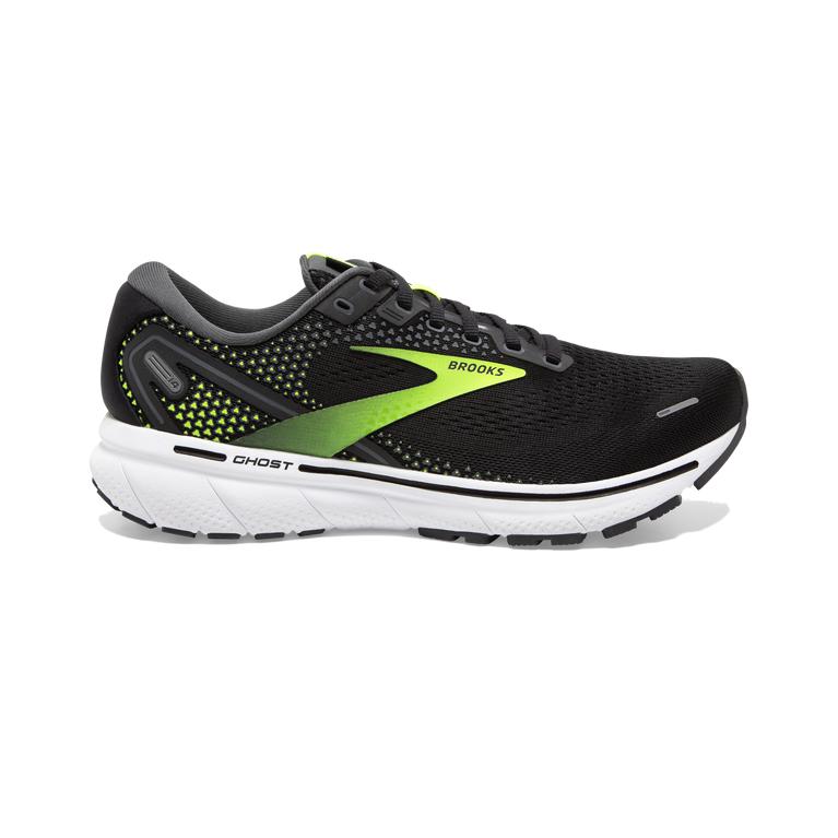 Brooks Ghost 14 Cushioned Men's Road Running Shoes - Black/Pearl/Nightlife/Green Yellow (14382-TUAD)